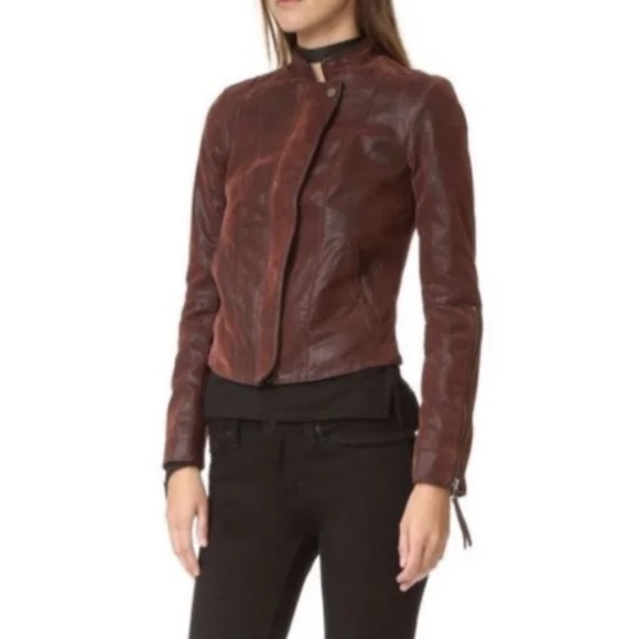 Free People Vegan Suede Zip Moto Jacket in Burgundy - Picture 3 of 8